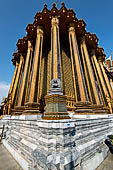 Bangkok Grand Palace,  Wat Phra Keow (temple of the Emerald Buddha). At the four corners of the Phra Mondop are stone Buddhas carved in the nineth century Javanese style. 